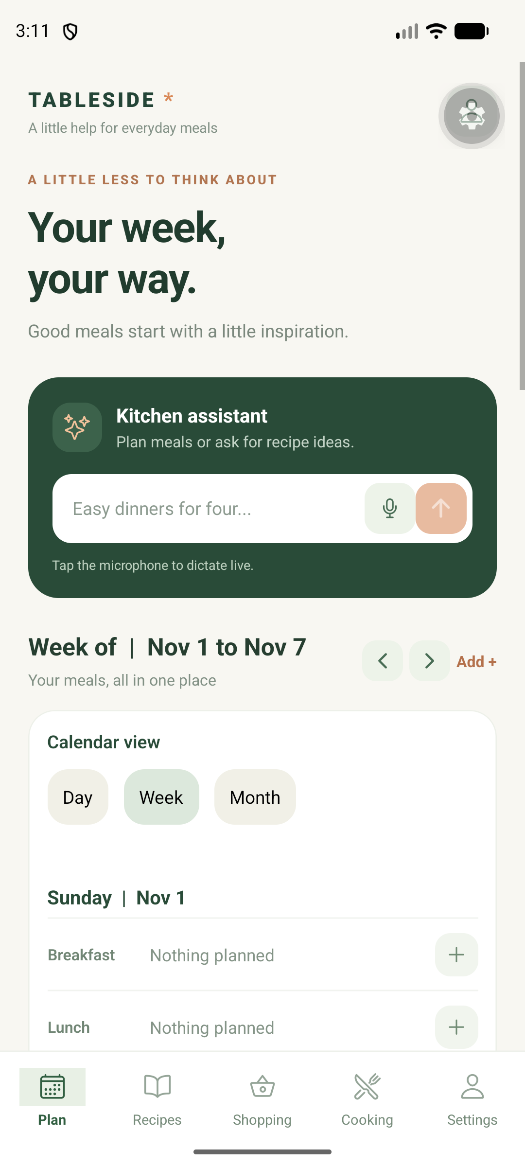 Tableside app preview showing the kitchen assistant and weekly meal planner